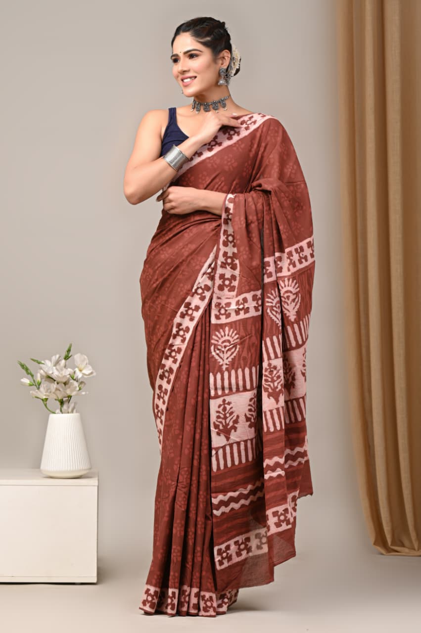 Jaipuri Mulmul Cotton Block Printed Saree With Blouse