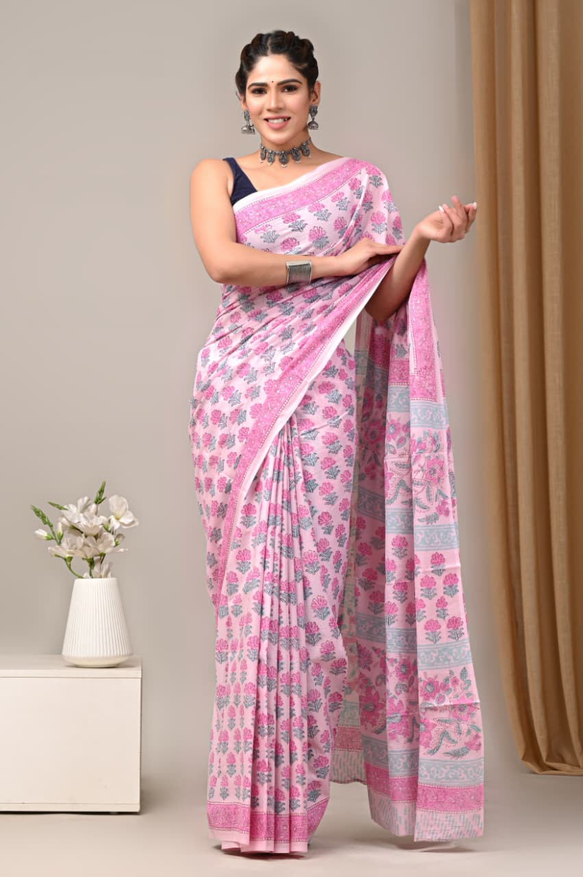 Jaipuri Mulmul Cotton Block Printed Saree With Blouse