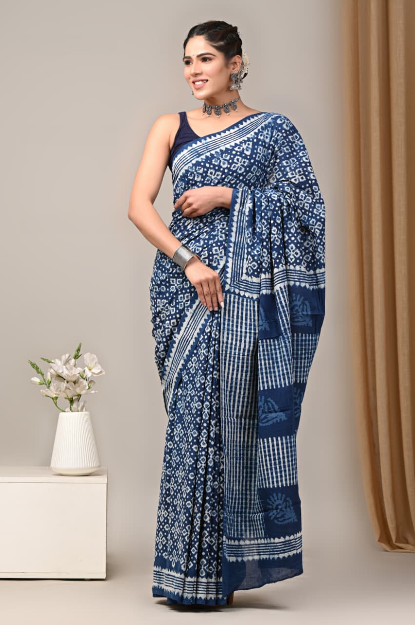 Jaipuri Mulmul Cotton Block Printed Saree With Blouse
