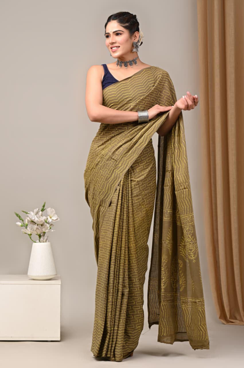 Jaipuri Mulmul Cotton Block Printed Saree With Blouse