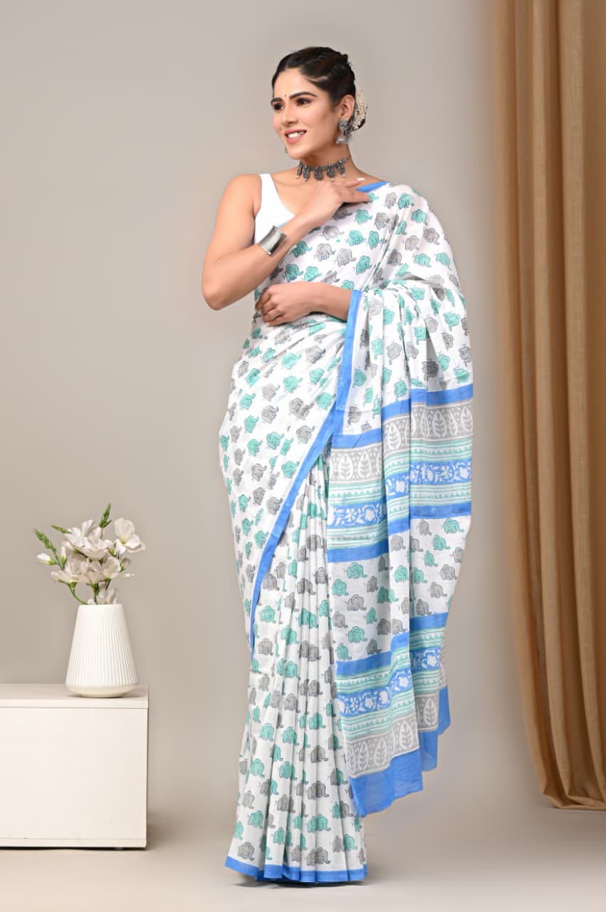 Jaipuri Mulmul Cotton Block Printed Saree With Blouse