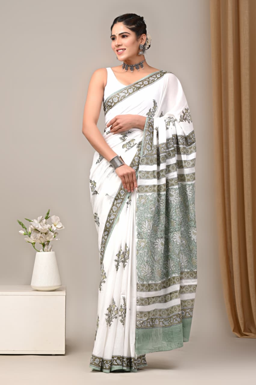 Jaipuri Mulmul Cotton Block Printed Saree With Blouse
