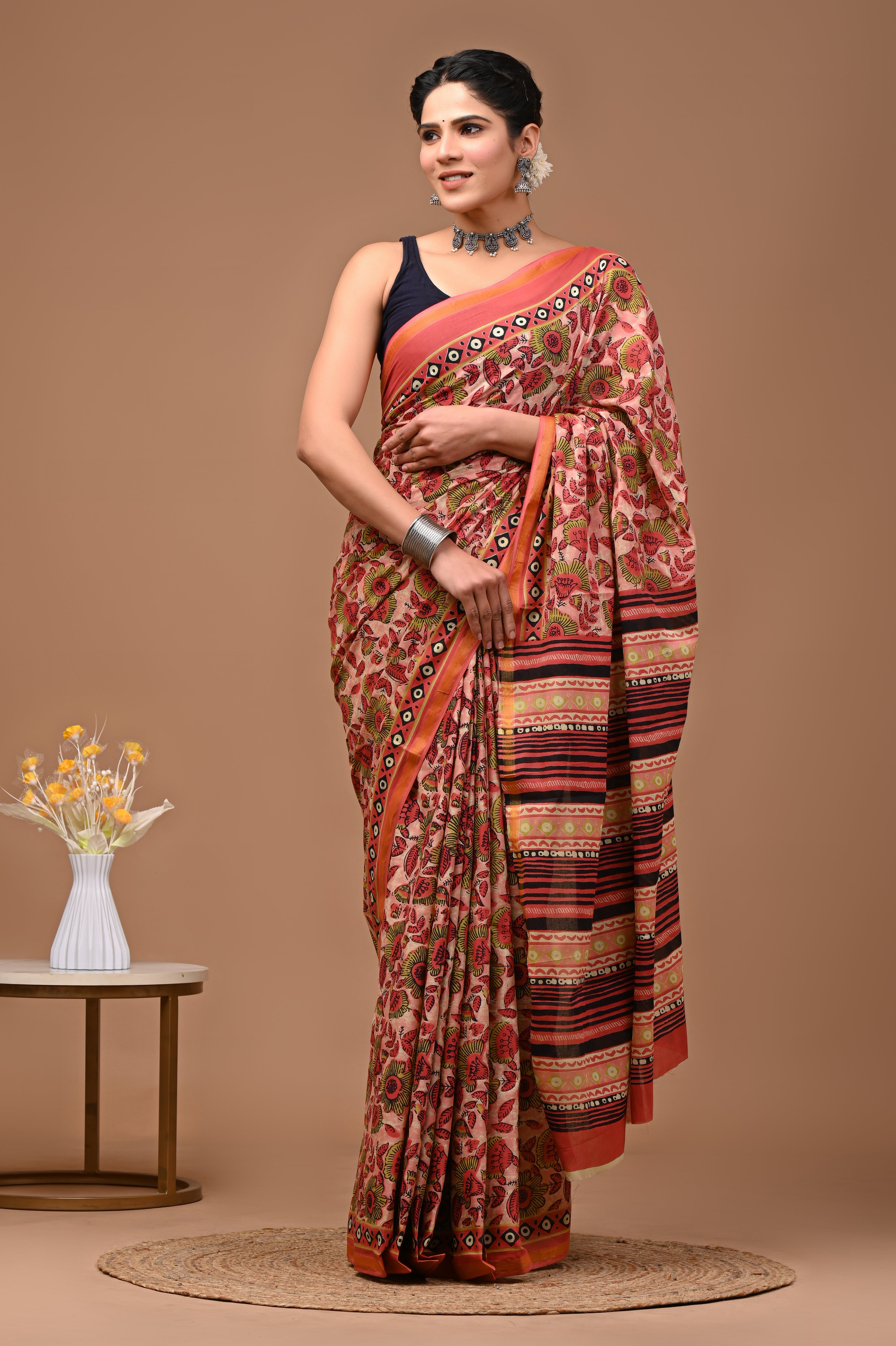 Jaipuri Mulmul Cotton Printed With Blouse Saree With Zari Border