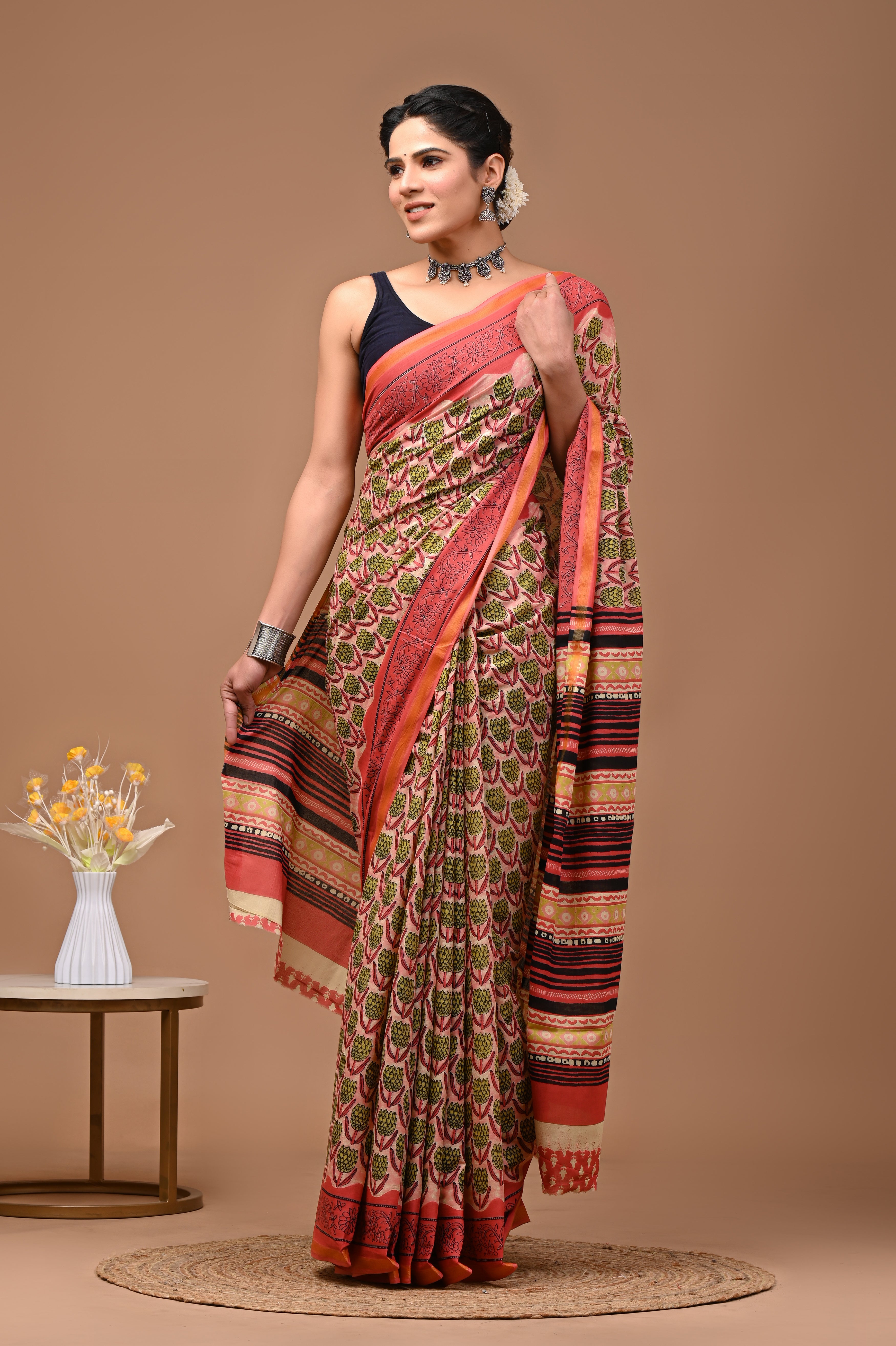 Jaipuri Mumal cotton saree With Blouse With Zari border